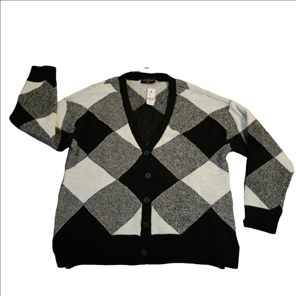 Lane Bryant Classic Argyle Plaid Cardigan Black and White Womens Plus Size 14/16